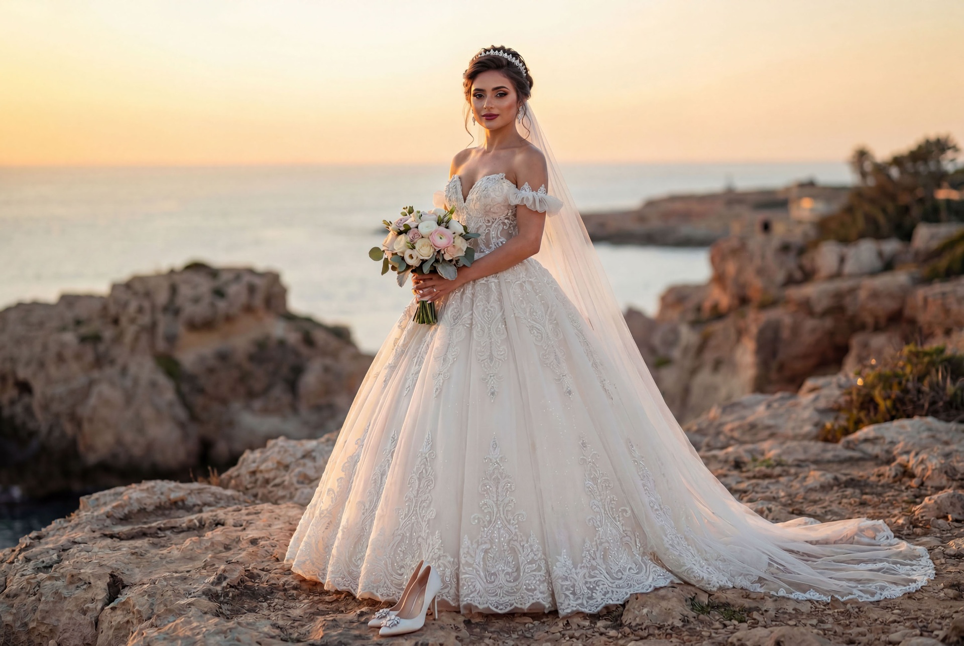 Bride in lace ballgown on seaside cliff at sunset