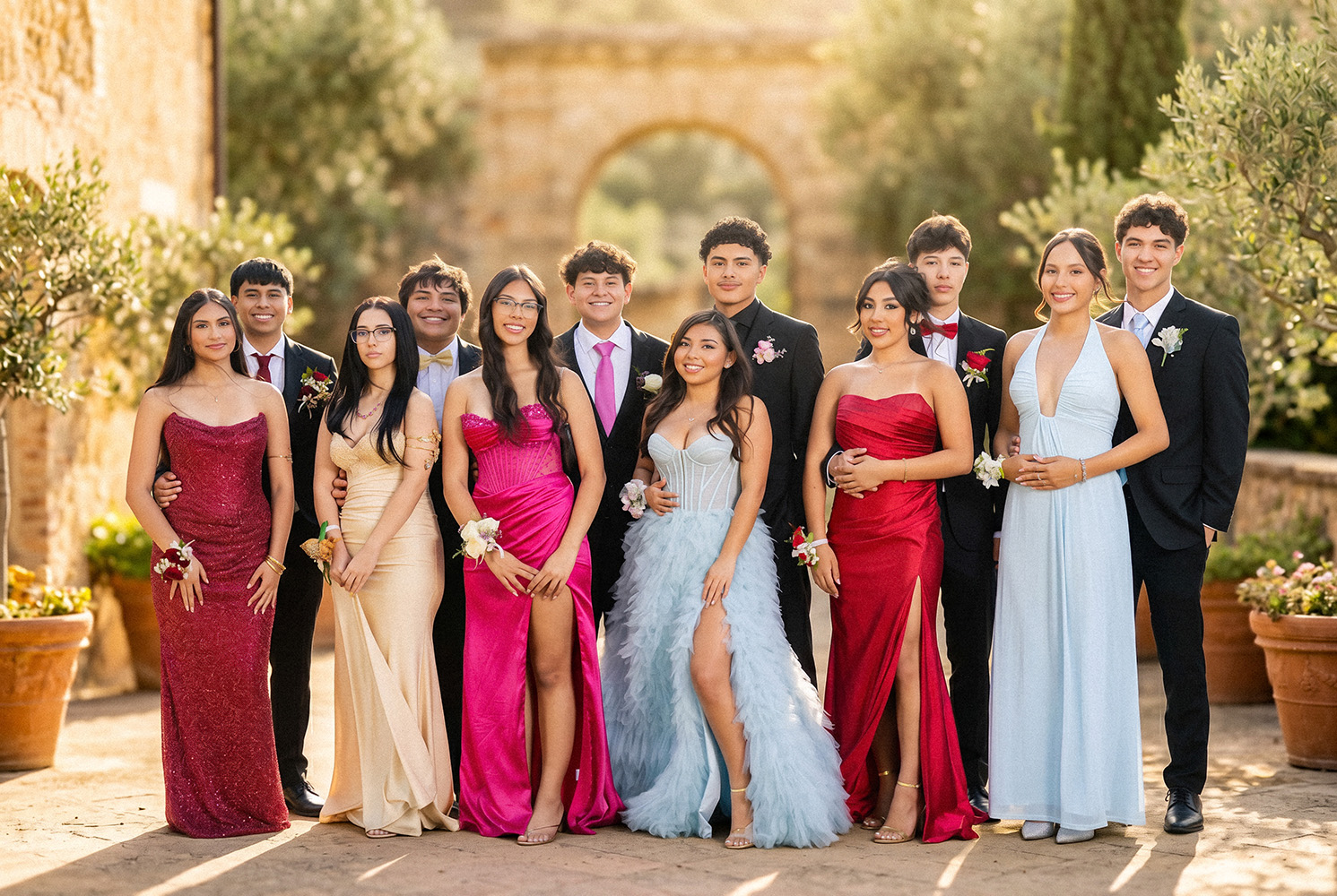 Prom group portrait at Tuscan villa