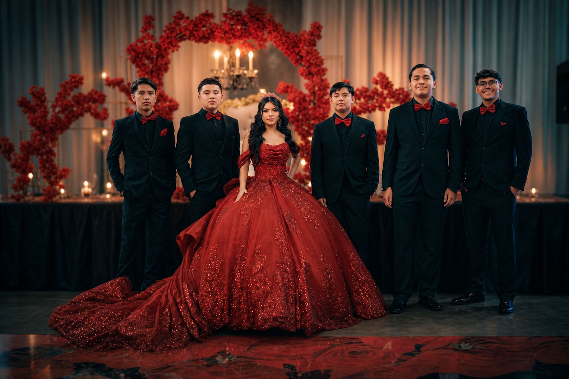 Quinceañera with court in red