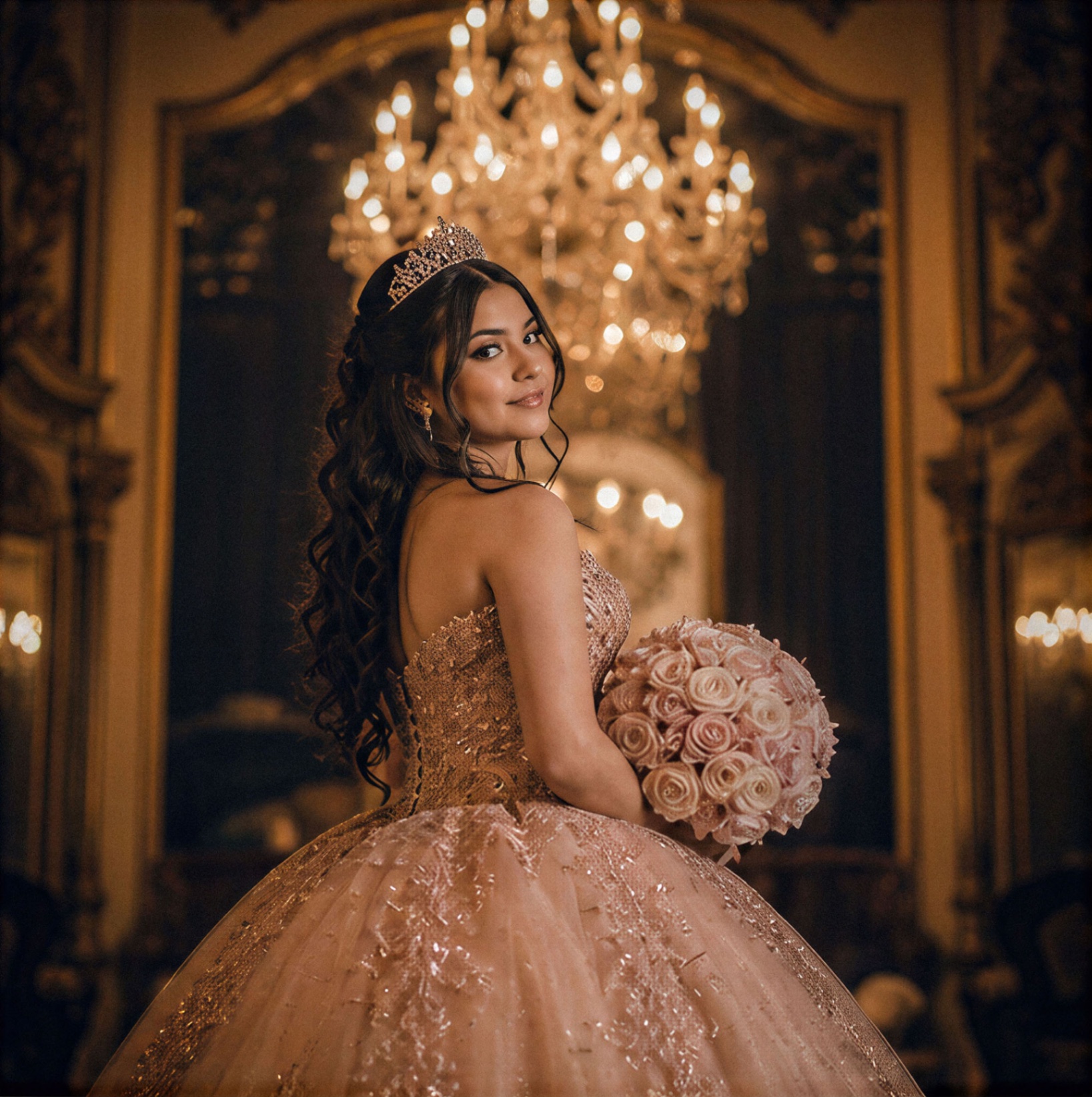 Quinceañera in rose gold gown beneath grand chandelier