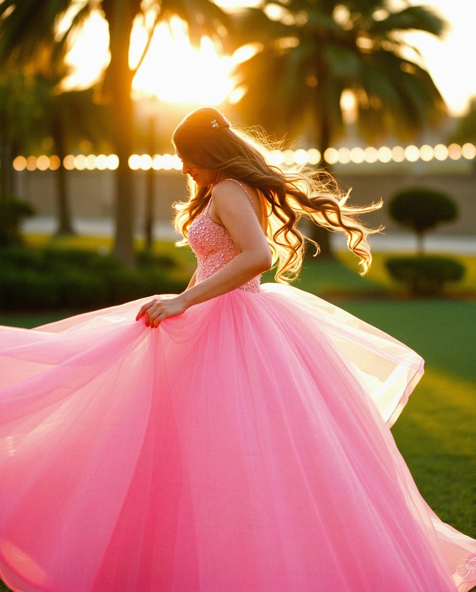 Quinceañera twirl golden hour