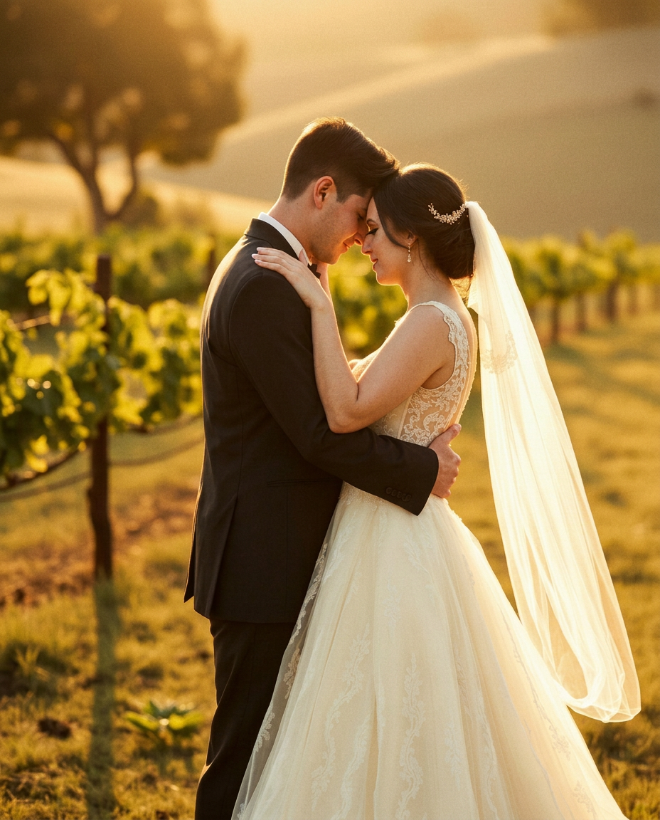Wedding couple at golden hour